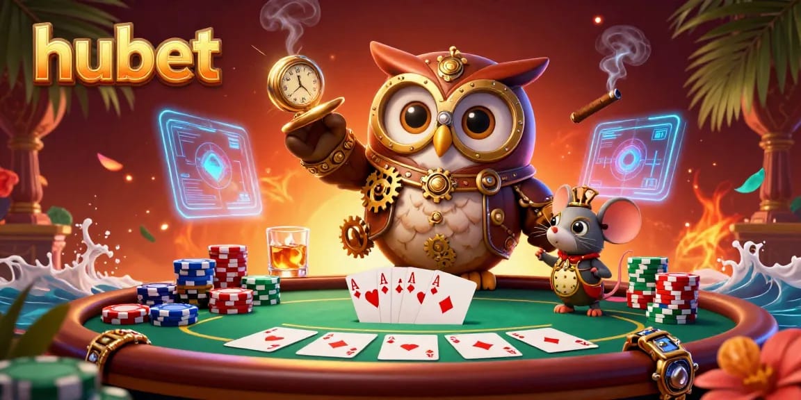Experience thrilling gameplay at hubet with an action-packed 3D casino illustration featuring a playful owl and vibrant poker scenes.