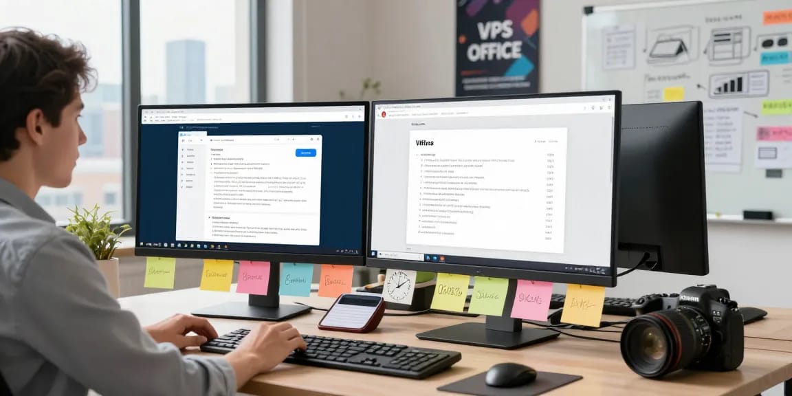 Professional using WPS Official Website on dual monitors in modern office setting.