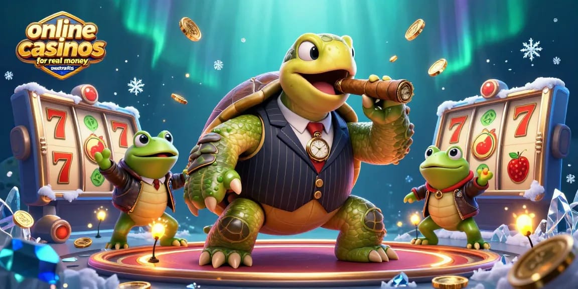 Experience thrills with online casinos for real money australia featuring a turtle in a mobster suit with slot reels.
