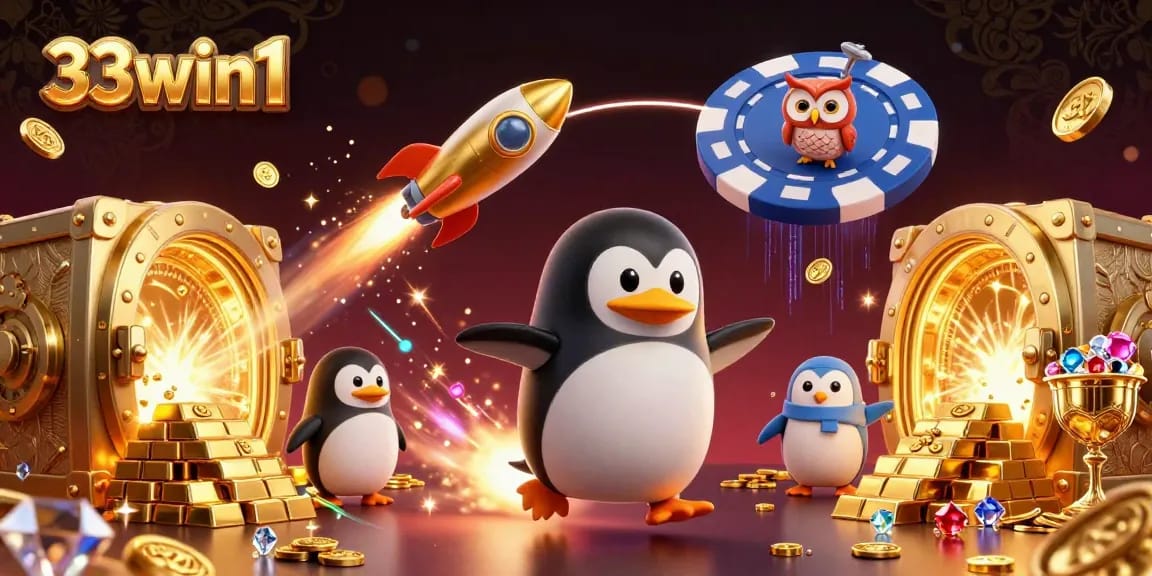 33win1 showcases a golden penguin in a dynamic casino scene filled with treasures and gaming elements.