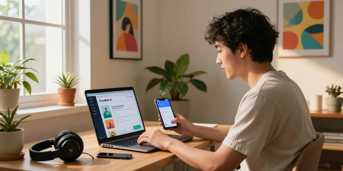Engaging in a Crush on AI interaction, young adult in cozy home office.