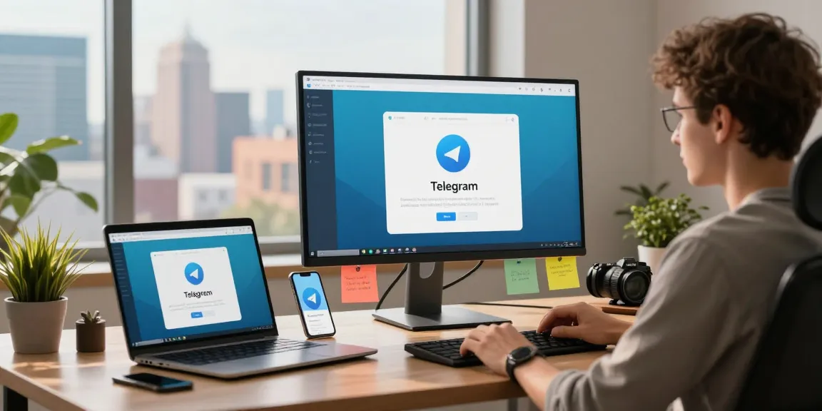User navigating the Telegram Web Version in a modern workspace setting, showcasing productivity tools and urban scenery.
