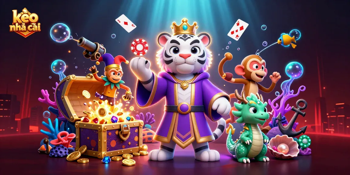 Engage with kèo nhà cái in this vibrant 3D illustration featuring playful characters amid cascading poker chips and glowing treasures.
