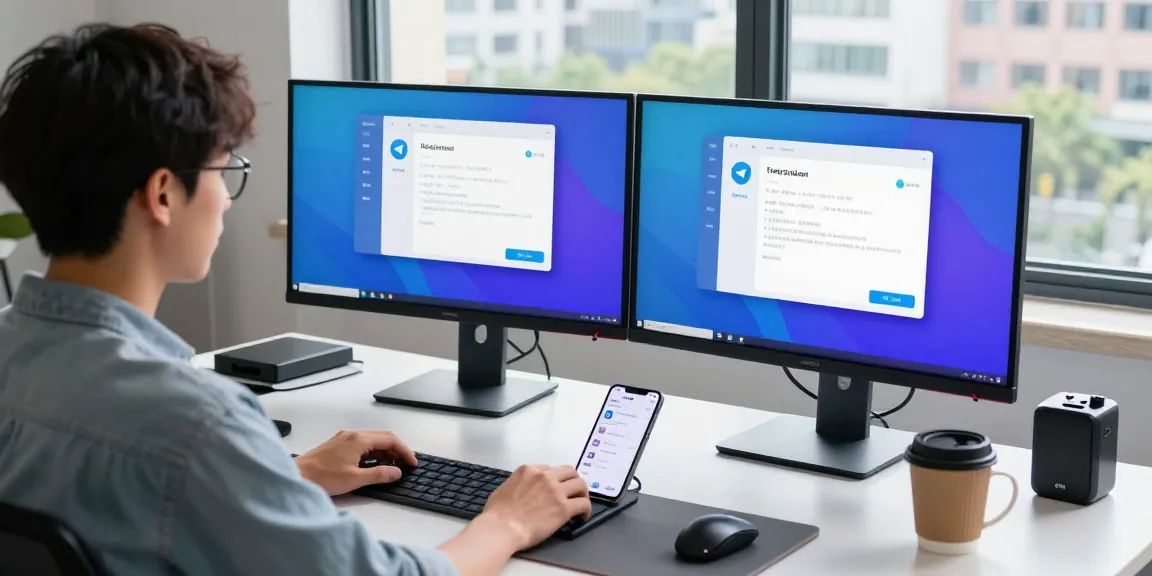 Configuring Telegram Chinese language settings at a modern workspace with tech gadgets.