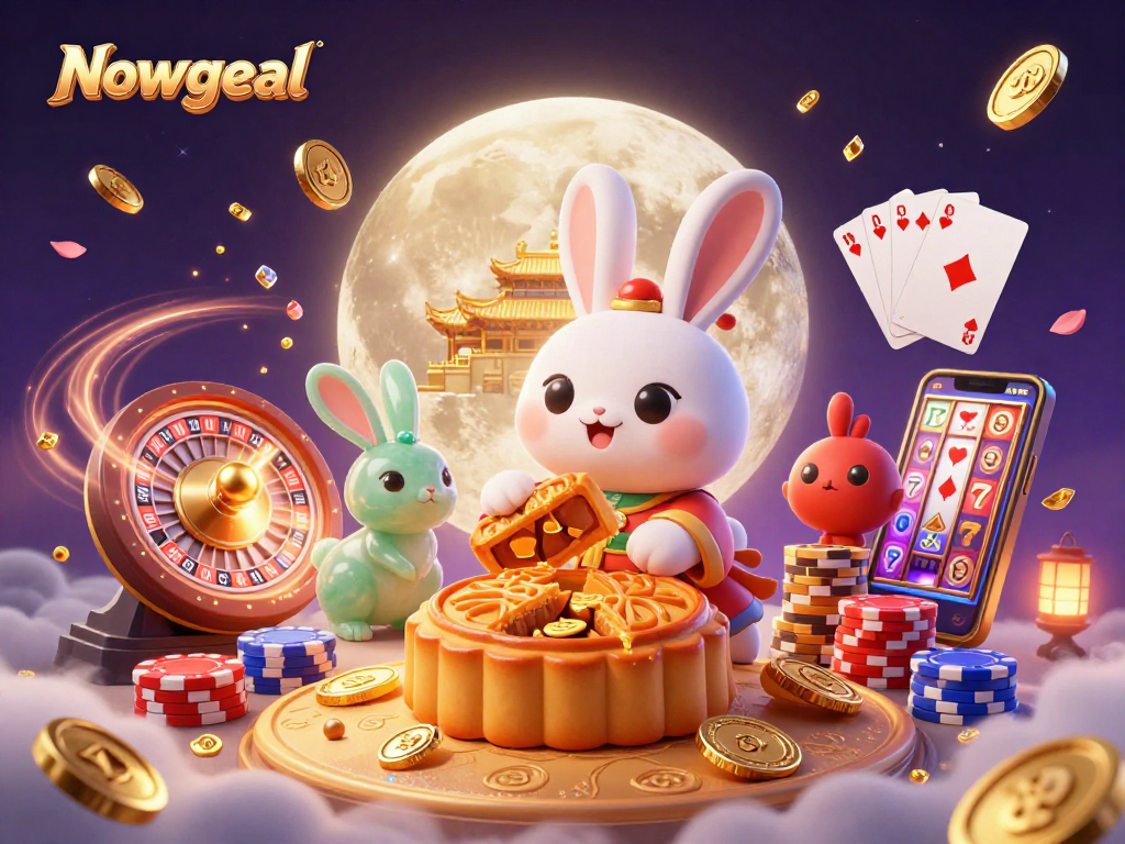 Nowgoal brings luck with the moon rabbit, golden coins, and casino elements in an enchanting 3D scene.