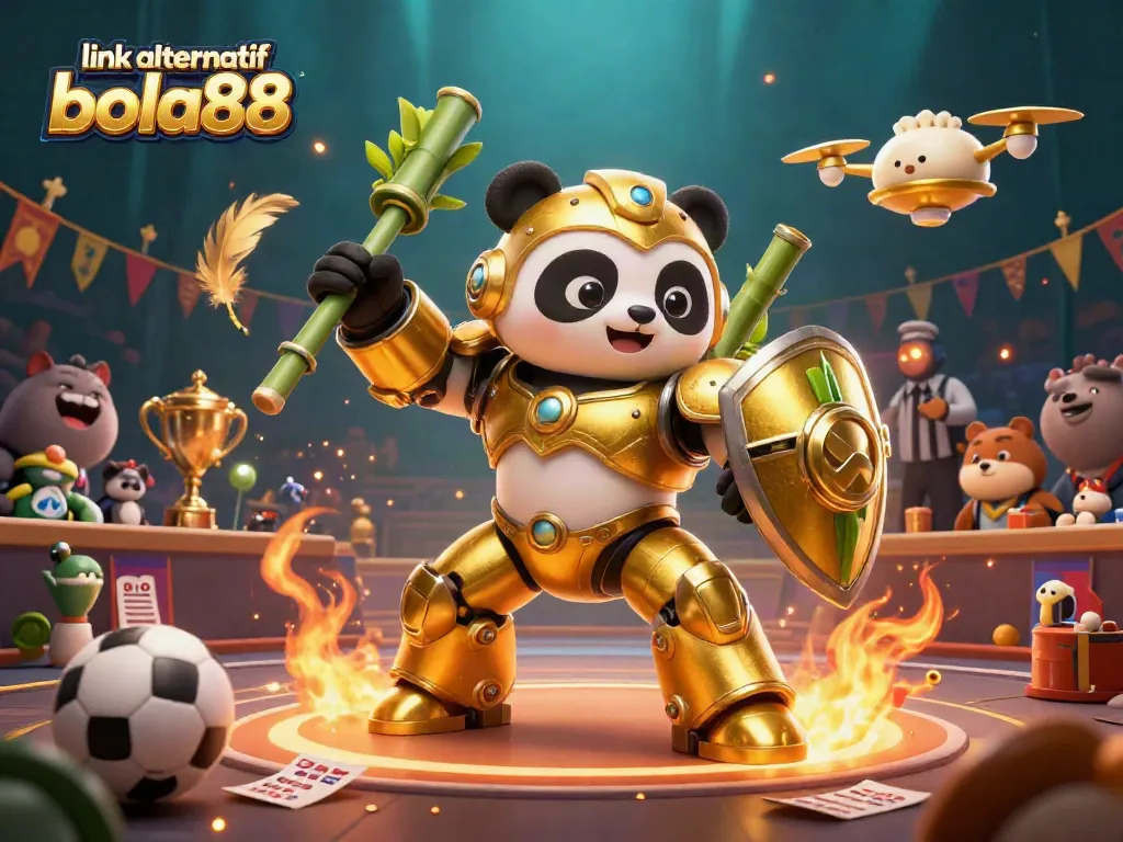 Engage with link alternatif bola88 in a vibrant, dynamic sports betting arena featuring a golden panda and robot.