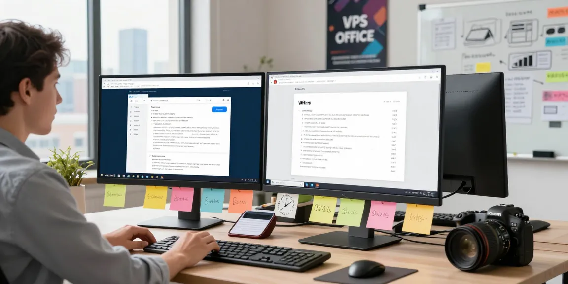 Professional using WPS Official Website on dual monitors in modern office setting.