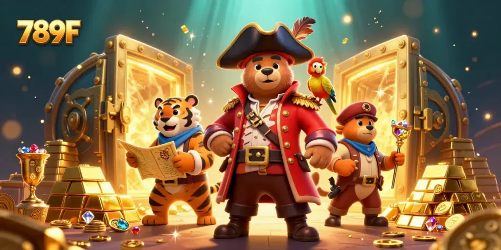 Experience exciting adventures at 789F with a bear captain, tiger, and treasure in a vibrant casino setting.