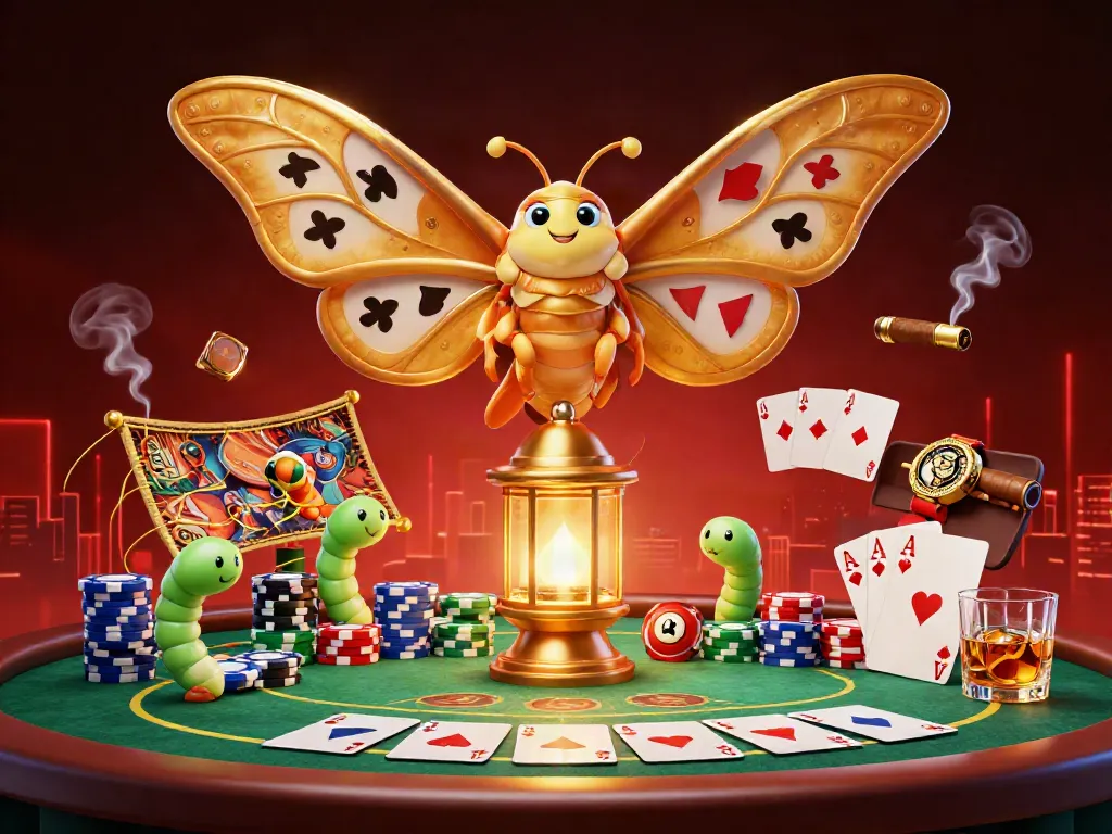 ea88 captivates with vibrant poker scenes and a golden moth, showcasing top-tier gaming.
